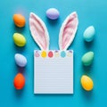 Easter themed notepad with rabbit ears on blue background, top view