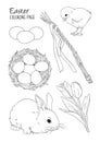 Easter themed vector coloring page with illustrations of bunny, tulips, easter eggs and whip Royalty Free Stock Photo