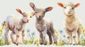Easter-Themed Watercolor Sheep and Lambs. A watercolor painting of a sheep family with Easter eggs on grass