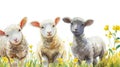 Easter-Themed Watercolor Sheep and Lambs. A watercolor painting of a sheep family with Easter eggs on grass