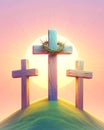 Easter Three Crosses Salvation Sacrifice Crucifixion Jesus Thieves Sunday Risen Morning Sunrise AI Generated Royalty Free Stock Photo