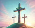 Easter Three Crosses Salvation Sacrifice Crucifixion Jesus Thieves Sunday Risen Morning Sunrise AI Generated Royalty Free Stock Photo