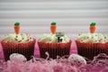 Easter time cupcakes topped with iced carrots and a miniature person figurine holding a sign indicating i love Easter Royalty Free Stock Photo