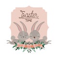 Easter time frame with bunnies couple and ornament floral in colorful silhouette