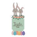 Easter time frame with bunnies couple on top and easter eggs and ornament floral in colorful silhouette