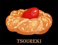 Handmade Greek sweet braided bread Tsoureki with almonds and red egg on a black background