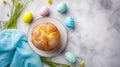 Easter tradition: Top view of a festive table featuring cake, eggs, and spring flowers