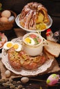 Easter traditional dishes on rural wooden table