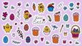 Easter traditional doodle collection - eggs, chickens, basket, Christian vector set decorating. Vector hand stickers