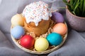 Easter. Traditional Russian and Ukrainian Easter cake kulich and painted eggs. Close-up, selective focus.