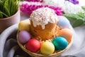 Easter. Traditional Russian and Ukrainian Easter cake kulich and painted eggs. Close-up, selective focus.