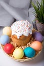 Easter. Traditional Russian and Ukrainian Easter cake kulich and painted eggs.