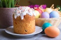 Easter. Traditional Russian and Ukrainian Easter cake kulich and painted eggs.