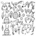 Easter traditional symbols collection - eggs, bunny, willow twigs, basket, candles, Christian church, egg decorating.