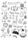 Easter traditional symbols collection - eggs, bunny, willow twigs, basket