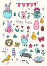 Easter traditional symbols collection - eggs, bunny, willow twigs, basket