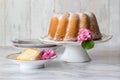 Easter tasty sour cream pound cake and pink spring flowers