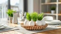 Easter traditions. Table setting with green wheat sprouts and eggs. Breakfast on Easter Sunday Royalty Free Stock Photo