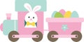 Cute bunny driving Easter egg train flat vector illustration. Spring Easter train with pastel animals and eggs. Royalty Free Stock Photo