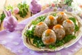 Easter treats: Easter Jellied eggs on a wooden table, jelly meat.