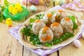 Easter treats: Easter Jellied eggs on a wooden table, jelly meat.