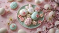 Easter treats, iced cookies in egg shapes and bunny shapes, pastel color, adorned with pink and yellow tulips