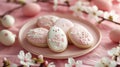 Easter treats, iced cookies in egg shapes and bunny shapes, pastel color, adorned with pink and yellow tulips