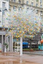 Easter Tree with colorful decorated eggs standing on Tverskaya Square in Moscow.