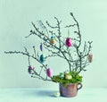 Easter tree with colorful Easter eggs. Natural Easter decoration