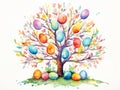 Easter tree with colorful eggs on white background. Watercolor illustration Generative AI Royalty Free Stock Photo