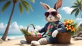 Easter trendy bunny donning aviator style sunglasses, lounging on a tropical beach. Generative AI