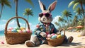 Easter trendy bunny donning aviator style sunglasses, lounging on a tropical beach. Generative AI