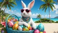 Easter trendy bunny donning aviator style sunglasses, lounging on a tropical beach. Generative AI