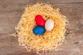 Easter tricolour eggs on a wooden background in the nest. Situated on the middle Royalty Free Stock Photo