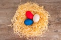 Easter tricolour eggs on a wooden background in the nest. Situated on the middle