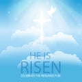 Easter Typographical Banner. He is Risen.Dove with christian cross.Resurrection. Blue background with bright rays and clouds Royalty Free Stock Photo