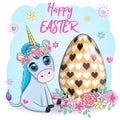 Easter unicorn cartoon character with easter egg, postcard.