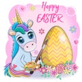 Easter unicorn cartoon character with easter egg, postcard.