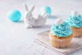 Easter vanilla cupcakes with blue frosting and candy eggs