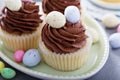 Easter vanilla cupcakes with chocolate frosting