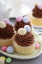 Easter vanilla cupcakes with chocolate frosting