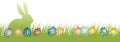 Easter Vector Background Illustration With Grassy Field, An Easter Bunny Silhouette, And Colorful Eggs On A White Background. Royalty Free Stock Photo