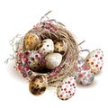 Easter vector background with realistic bird nest eggs and florals for design Royalty Free Stock Photo