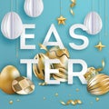 Easter blue background with realistic decorated golden eggs, ribbons, stars, balls and text. Decorations hanging in the Royalty Free Stock Photo