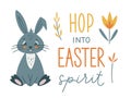 Easter vector card. Hand-drawn design of Spring greeting card. Square card with cute rabbit and flowers. Hop into Easter spirit Royalty Free Stock Photo