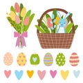 Easter elements for spring time made of colorful eggs, flowers bouquet and brown bucket with tulips and willow Royalty Free Stock Photo