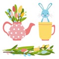 Easter elements for spring time made of flowers bouquet and pink tea pot with tulips and willow Royalty Free Stock Photo