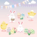 Easter vector illustration with egg, chicken, bunny rabbit and flower. Spring religious holiday. Vector illustrations for a