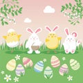 Easter vector illustration with egg, chicken, bunny rabbit and flower. Spring religious holiday. Vector illustrations for a