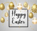 Easter vector illustration with glitter gold calligraphic greeting and Easter eggs